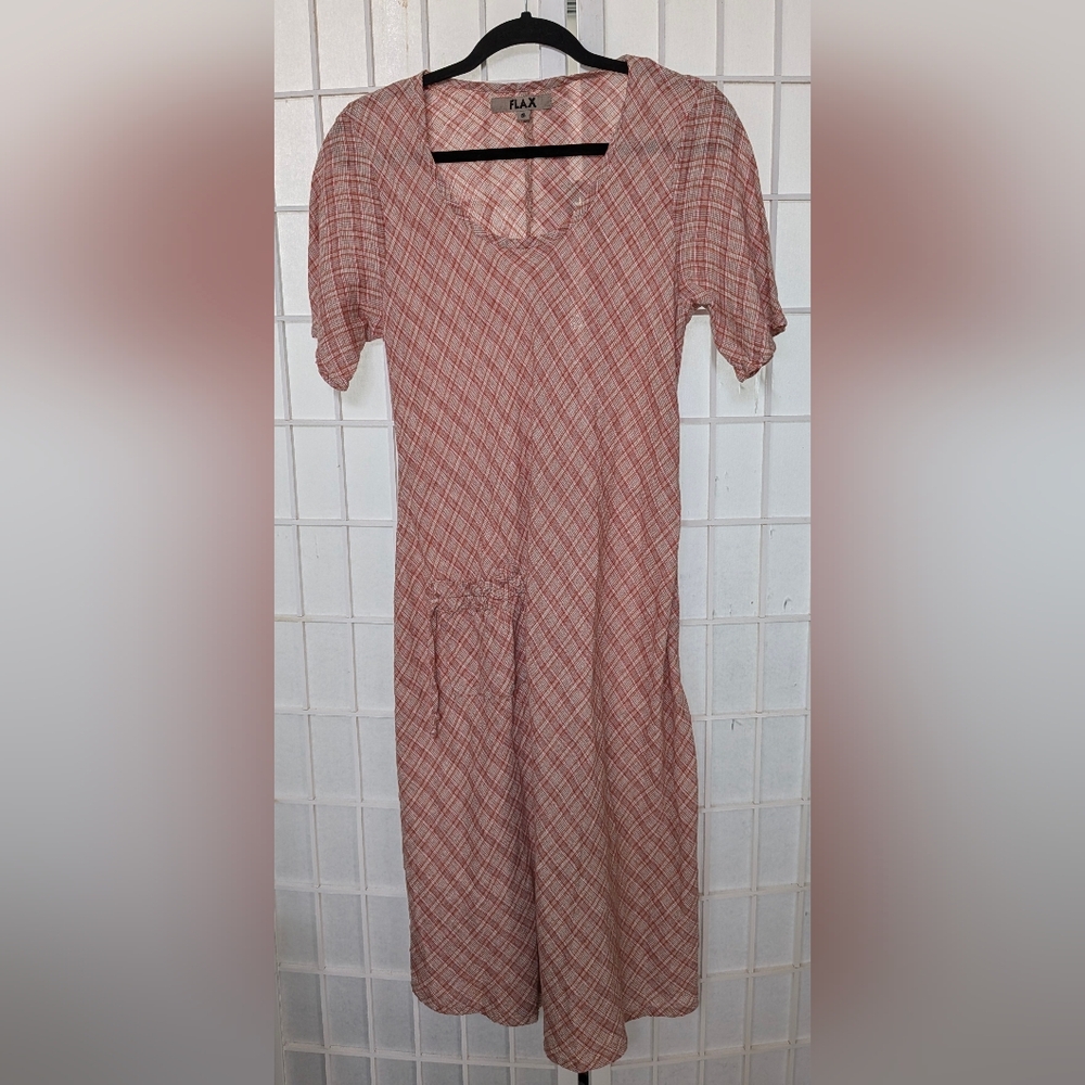 FLAX Plaid Linen Dress Pullover Scoop Neck Pockets Short Sleeve - Size S